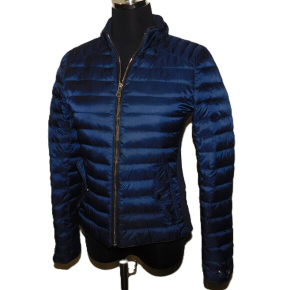 Zara Woman Down Puffer Jacket Navy Blue With Gold Tone Hardware Size Small - Picture 2 of 9